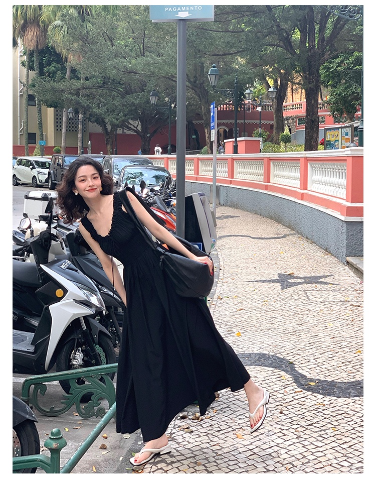 Frenum retro strap dress V-neck pinched waist dress