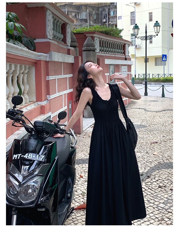 Frenum retro strap dress V-neck pinched waist dress