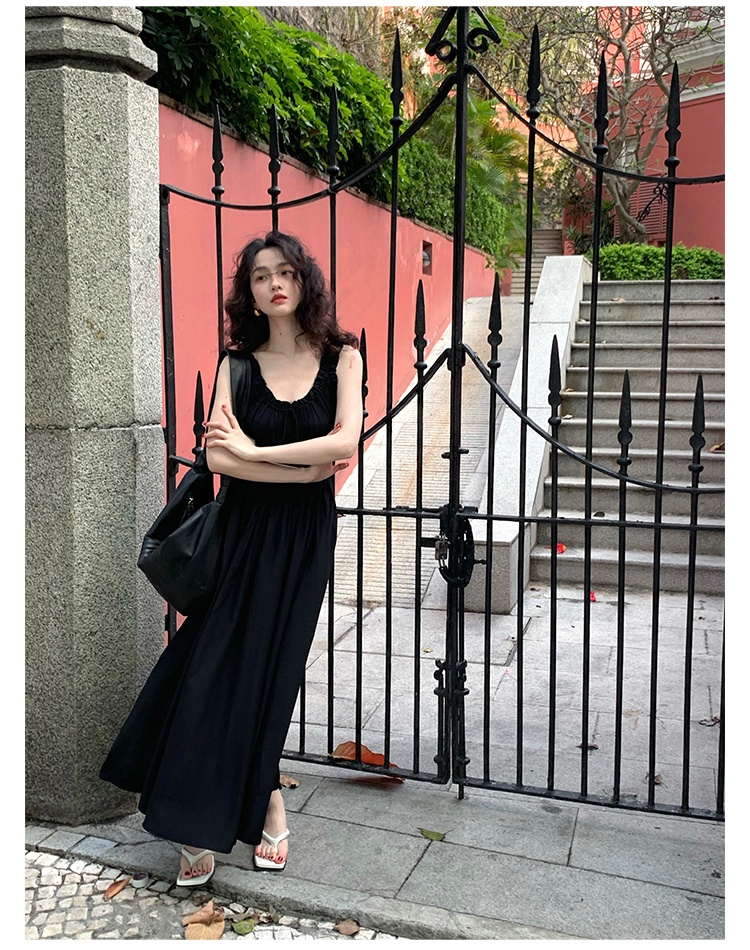 Frenum retro strap dress V-neck pinched waist dress