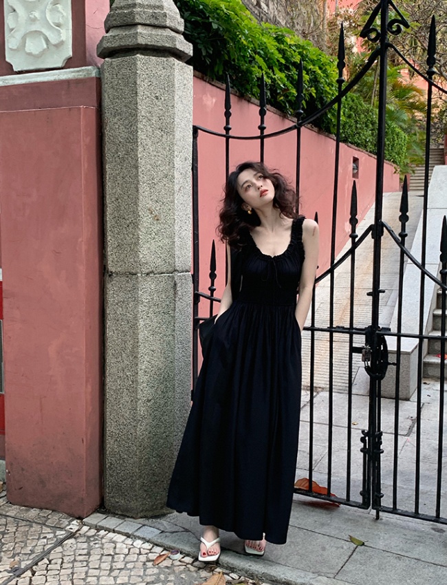 Frenum retro strap dress V-neck pinched waist dress