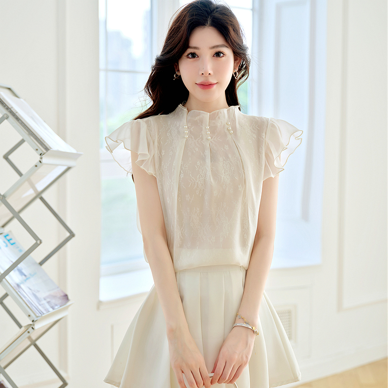 France style white tops summer chiffon shirt