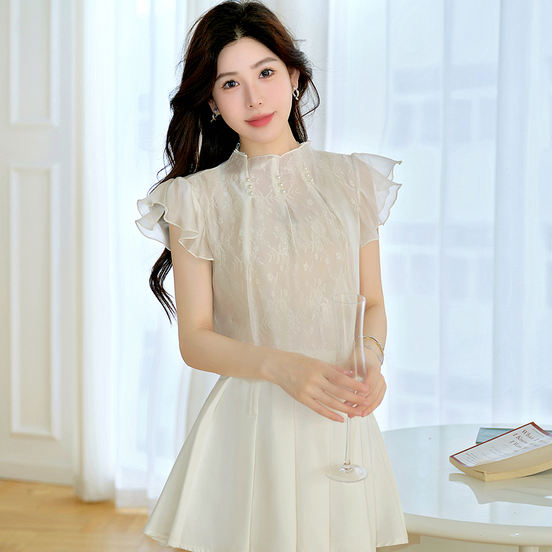 France style white tops summer chiffon shirt