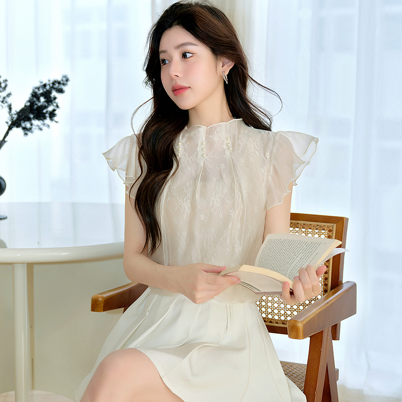 France style white tops summer chiffon shirt