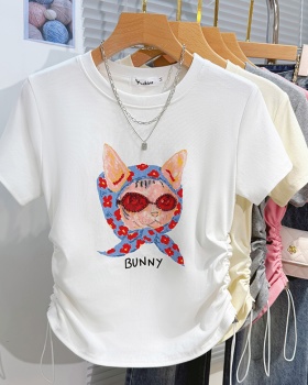 Short fold Sunglasses kitten short sleeve T-shirt for women