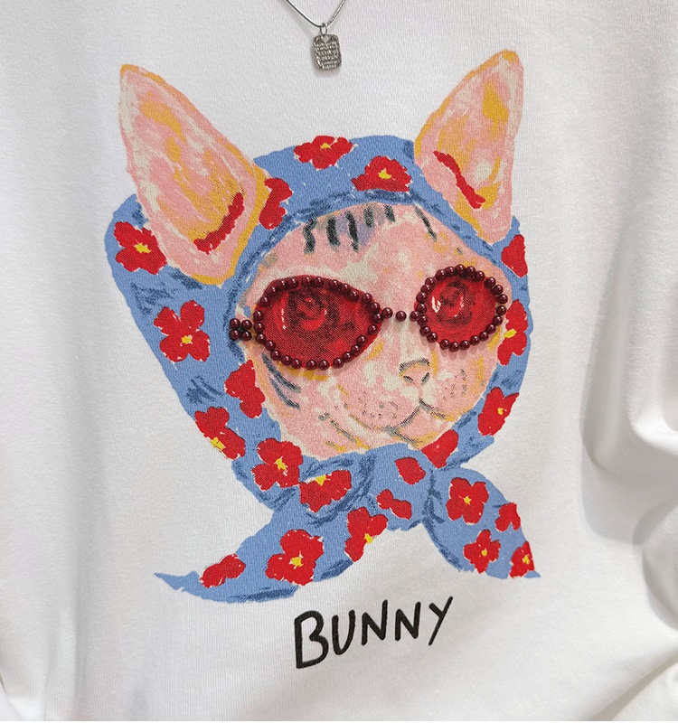 Short fold Sunglasses kitten short sleeve T-shirt for women