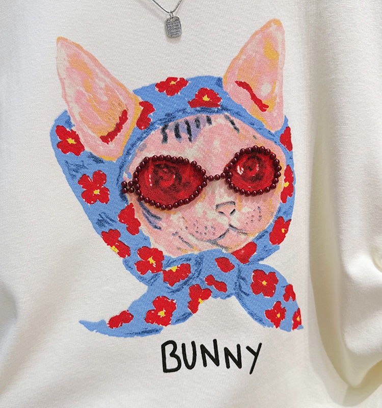Short fold Sunglasses kitten short sleeve T-shirt for women