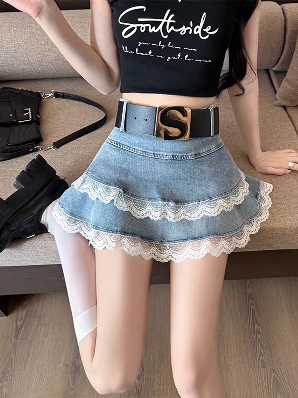 Denim lace short skirt anti emptied skirt for women