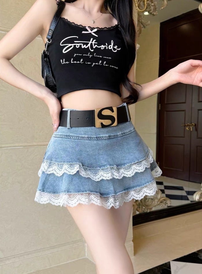 Denim lace short skirt anti emptied skirt for women
