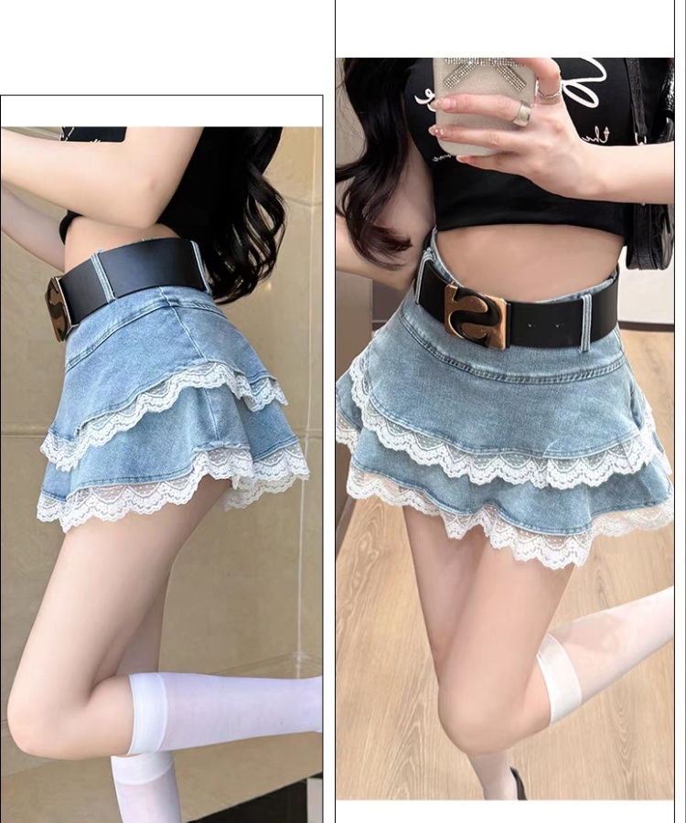 Denim lace short skirt anti emptied skirt for women