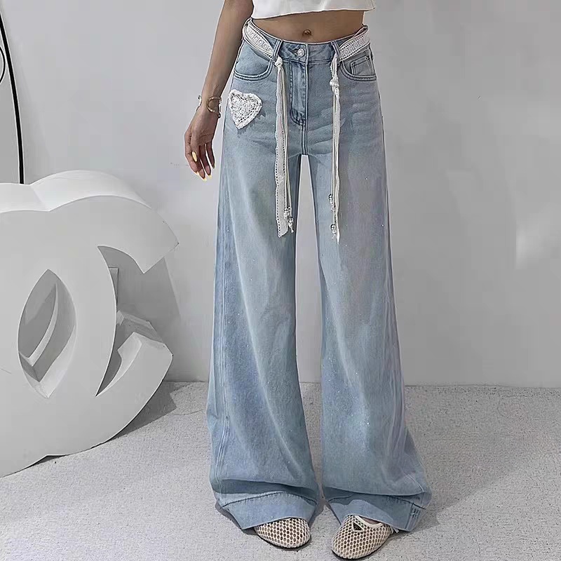 Light luxury slim rhinestone wide leg pants thin summer jeans