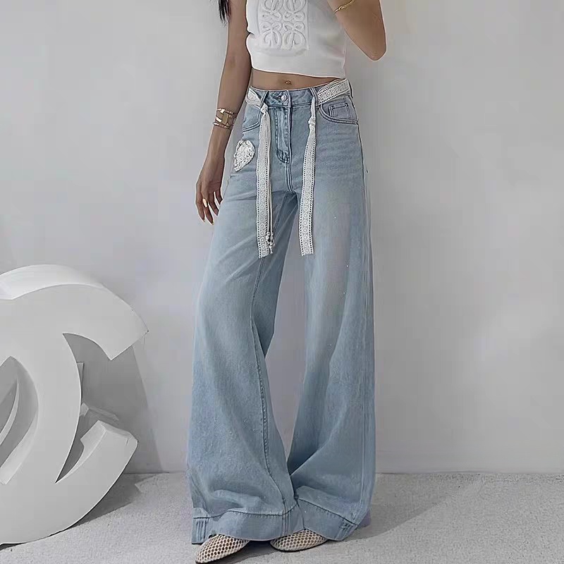 Light luxury slim rhinestone wide leg pants thin summer jeans