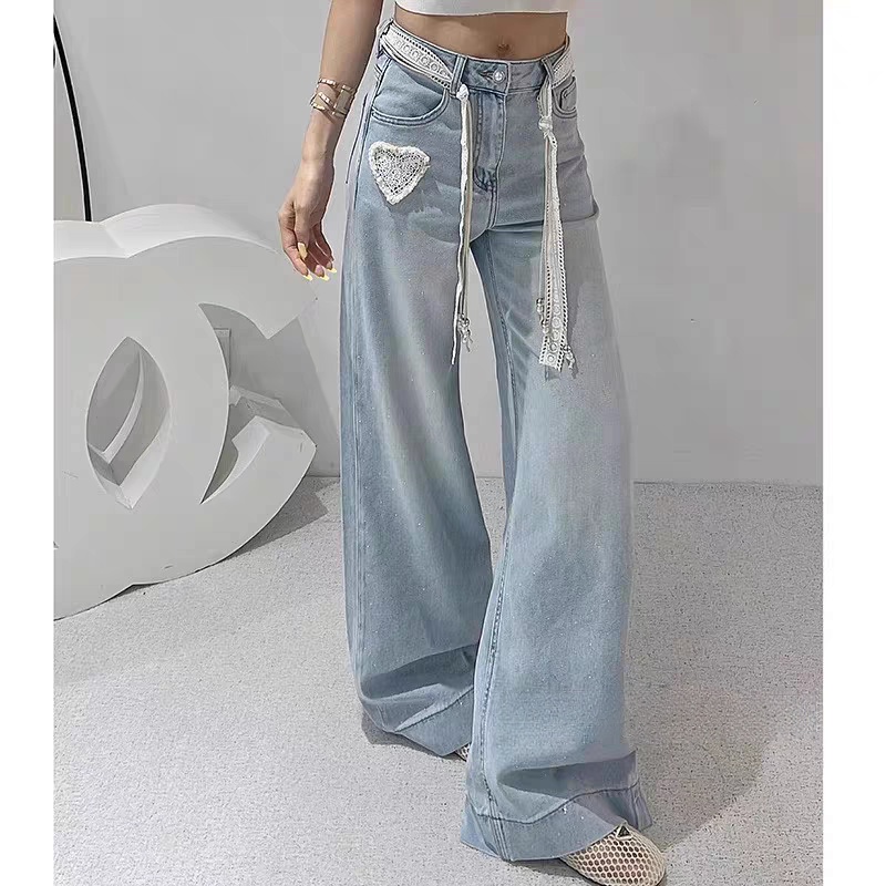 Light luxury slim rhinestone wide leg pants thin summer jeans