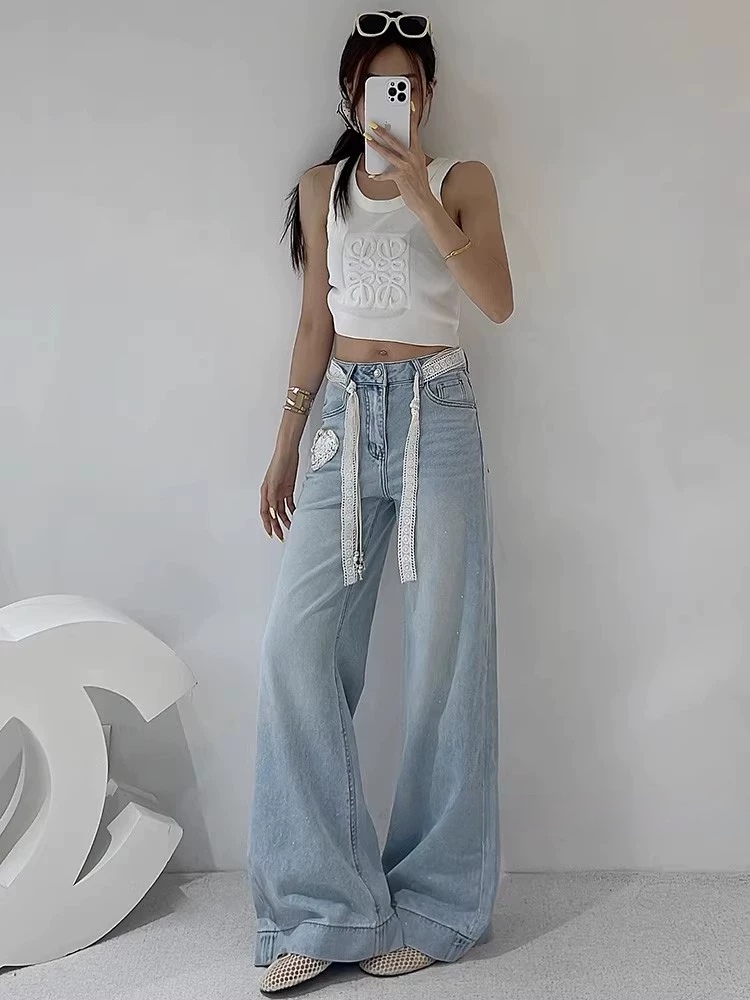 Light luxury slim rhinestone wide leg pants thin summer jeans