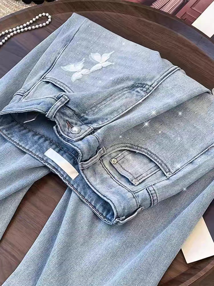 Slim high waist American style straight pants retro jeans
