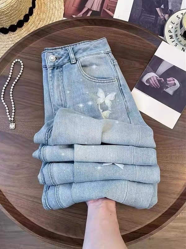 Slim high waist American style straight pants retro jeans