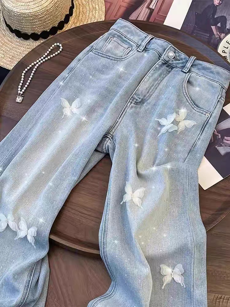 Slim high waist American style straight pants retro jeans