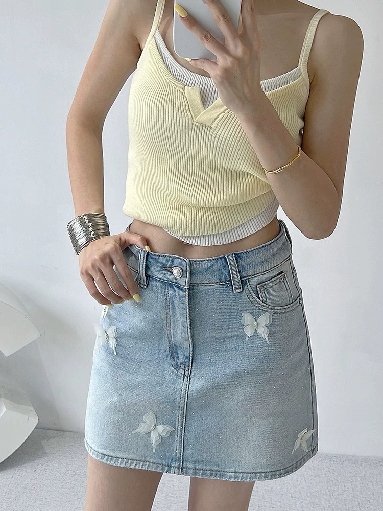 All-match denim butterfly skirt summer A-line short skirt