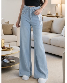 Wide leg rhinestone pants high waist beading jeans for women