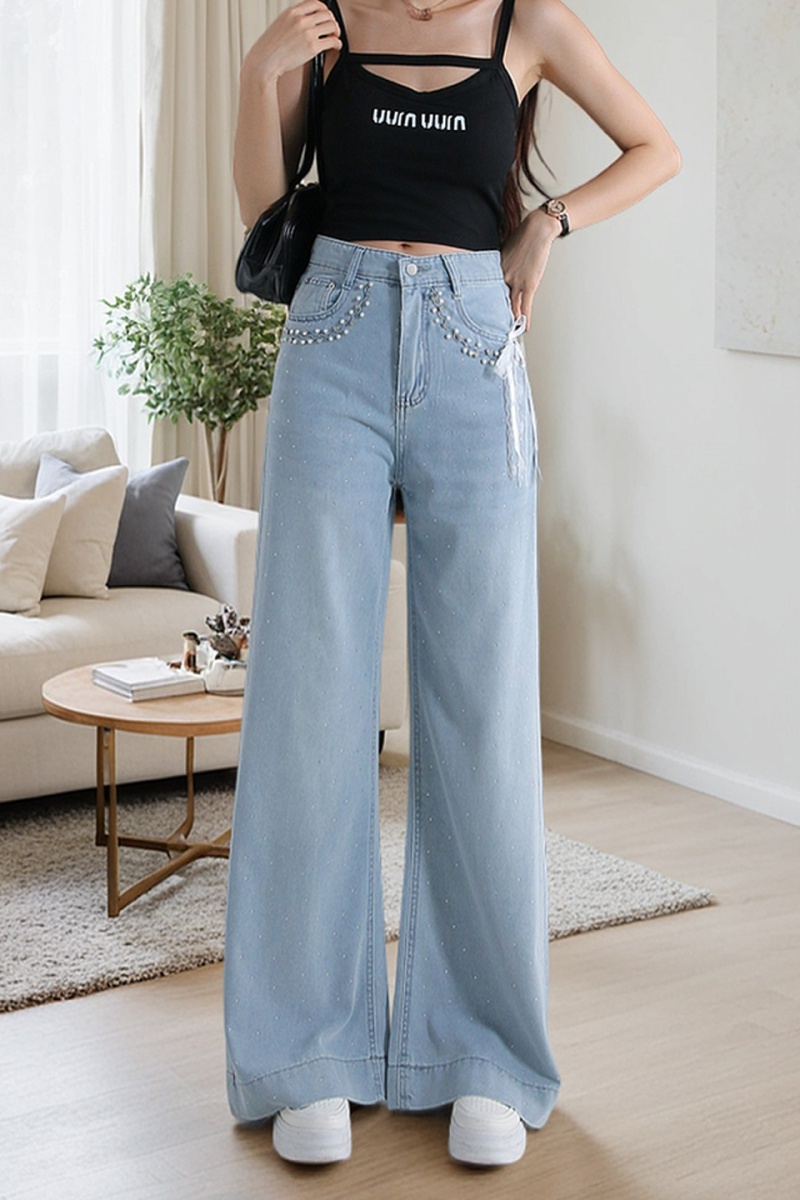 Wide leg rhinestone pants high waist beading jeans for women