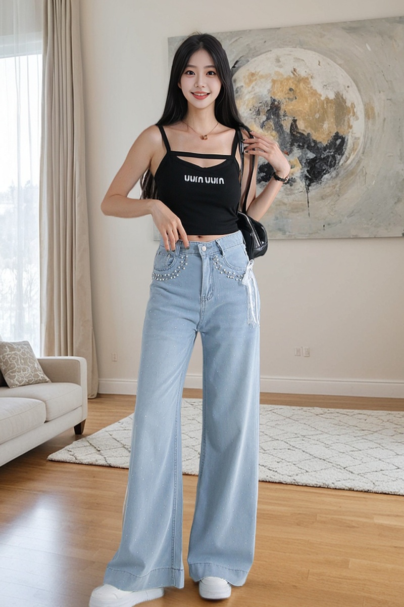 Wide leg rhinestone pants high waist beading jeans for women
