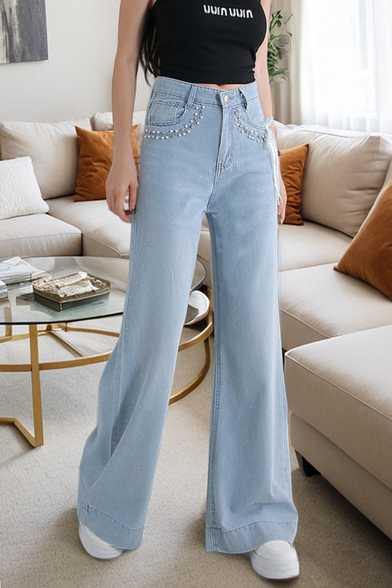 Wide leg rhinestone pants high waist beading jeans for women
