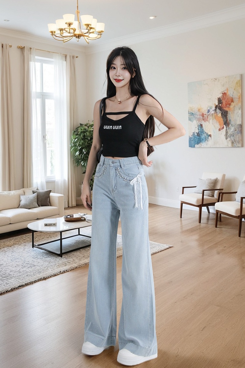 Wide leg rhinestone pants high waist beading jeans for women