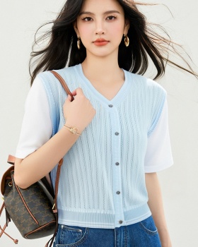 Splice mixed colors sweater V-neck all-match tops