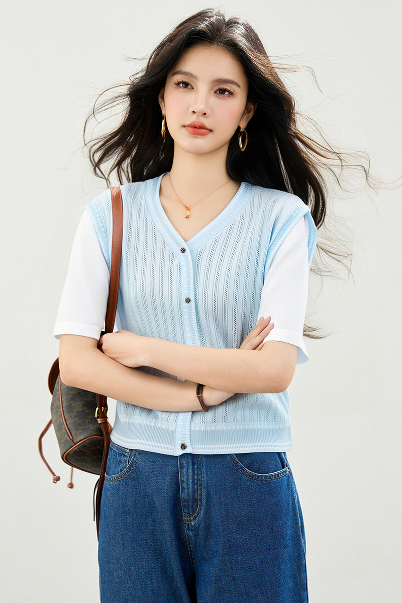 Splice mixed colors sweater V-neck all-match tops
