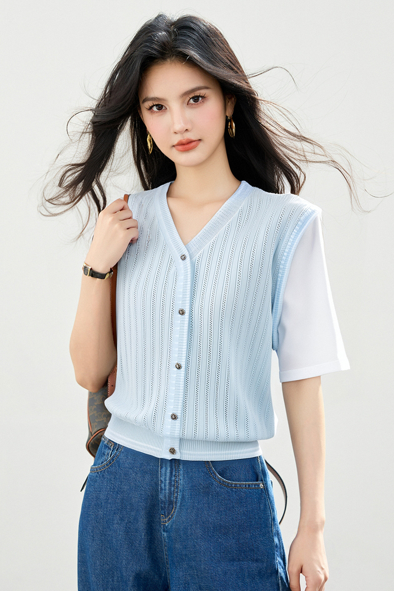 Splice mixed colors sweater V-neck all-match tops
