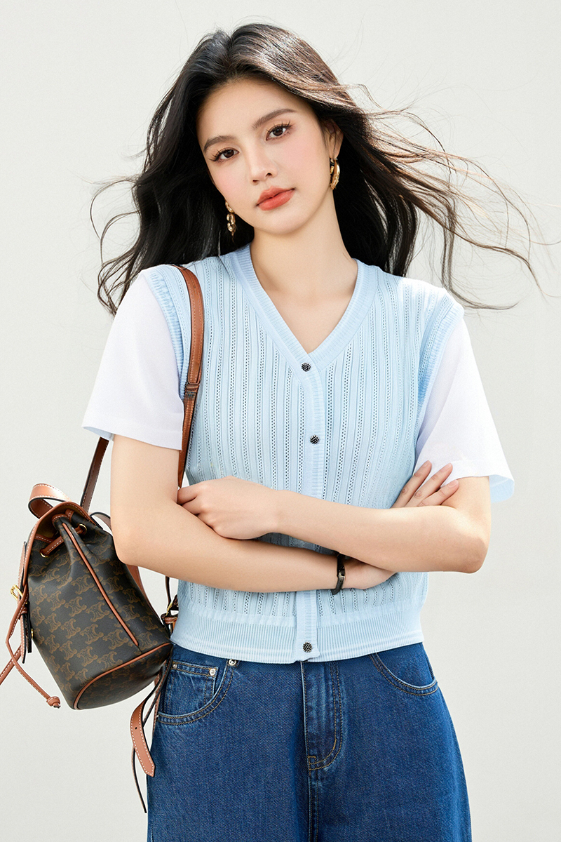 Splice mixed colors sweater V-neck all-match tops