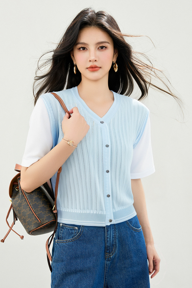 Splice mixed colors sweater V-neck all-match tops
