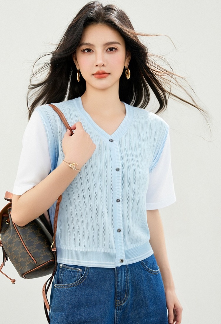 Splice mixed colors sweater V-neck all-match tops