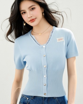 Slim summer splice cardigan pinched waist knitted tops
