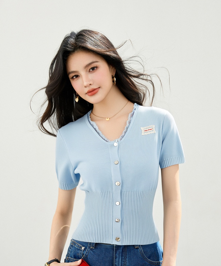 Slim summer splice cardigan pinched waist knitted tops