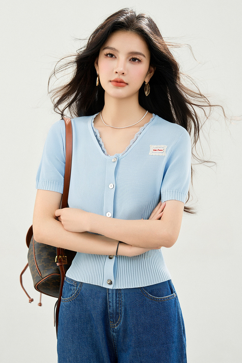 Slim summer splice cardigan pinched waist knitted tops