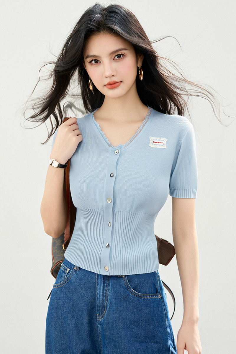 Slim summer splice cardigan pinched waist knitted tops