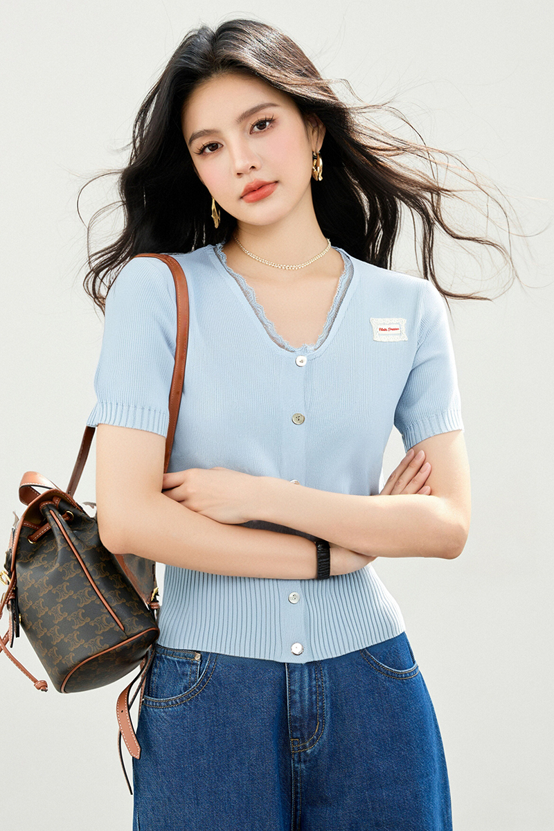 Slim summer splice cardigan pinched waist knitted tops