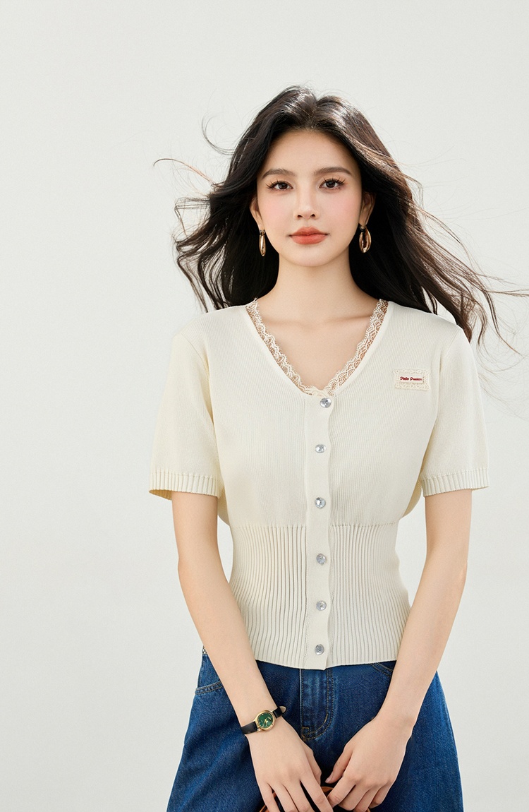 Slim summer splice cardigan pinched waist knitted tops