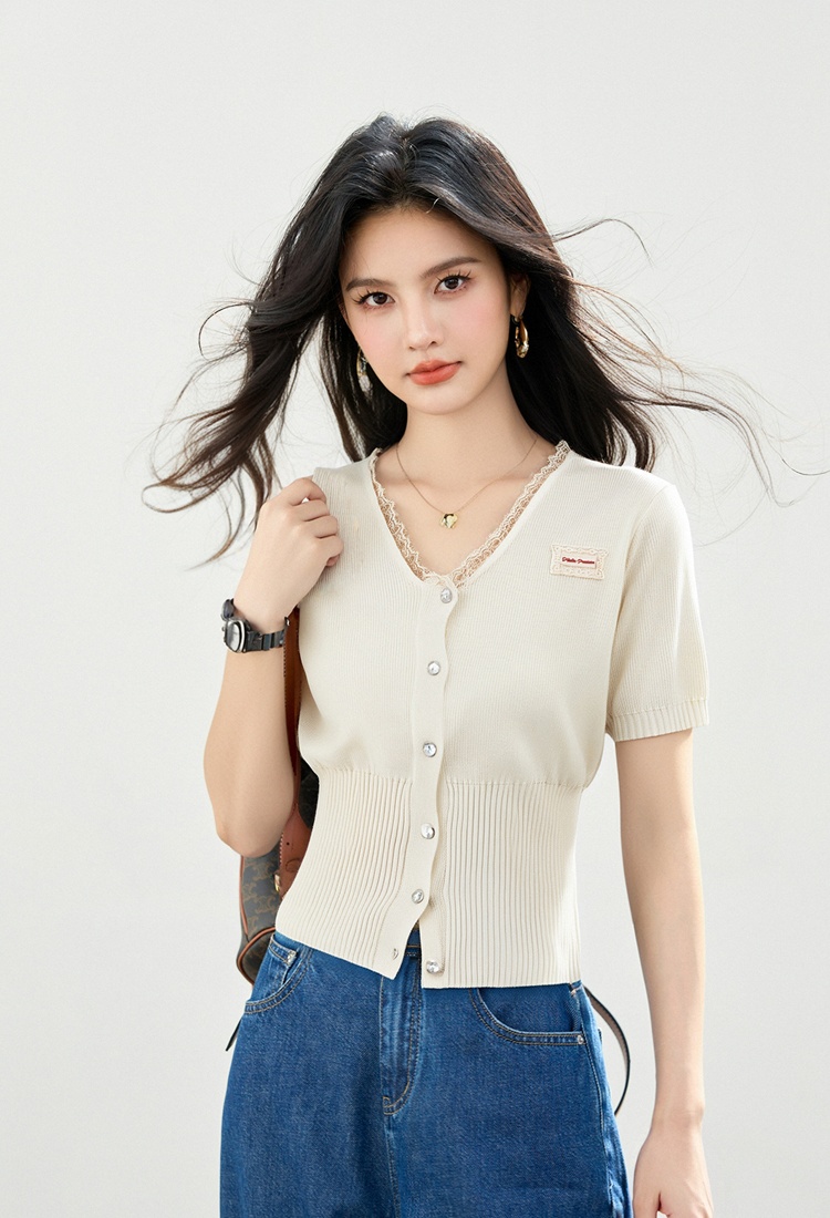 Slim summer splice cardigan pinched waist knitted tops