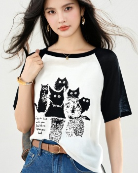 Cotton breathable kitty round neck loose T-shirt for women