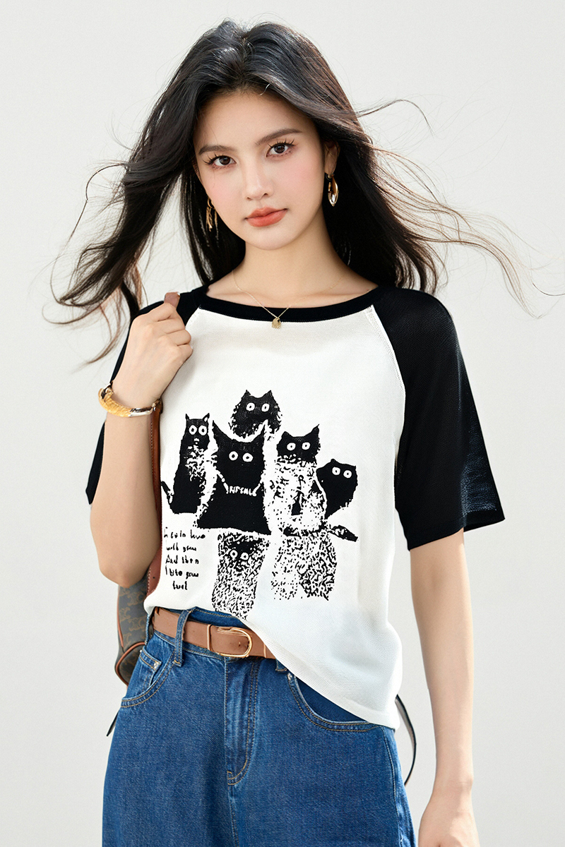 Cotton breathable kitty round neck loose T-shirt for women