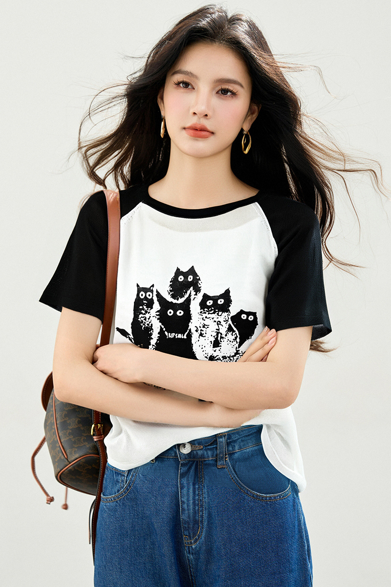 Cotton breathable kitty round neck loose T-shirt for women