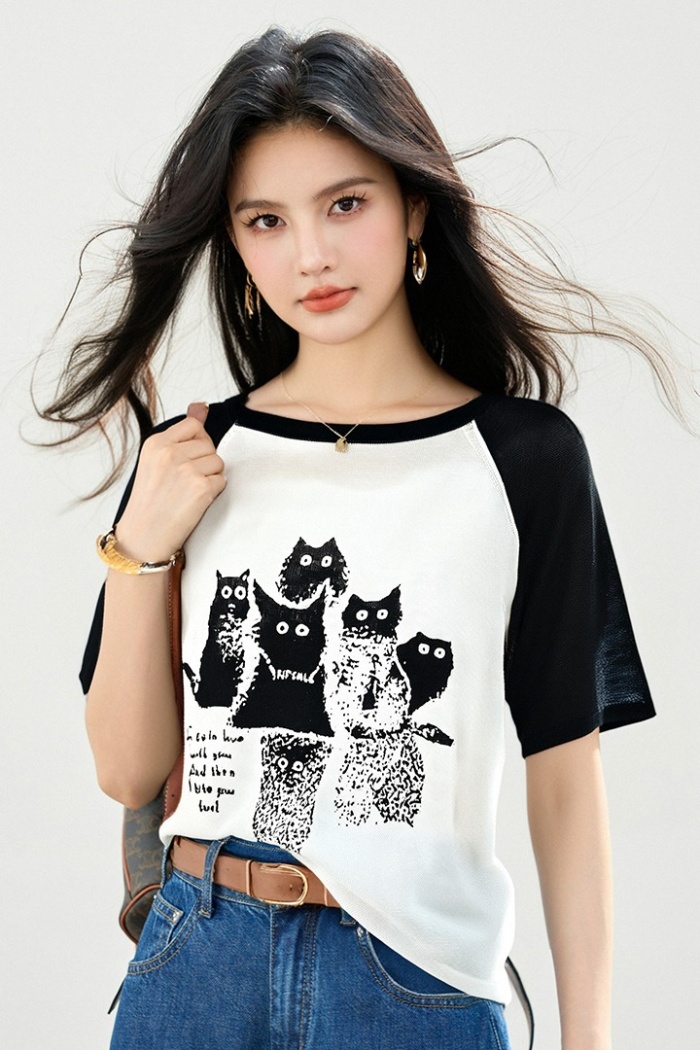 Cotton breathable kitty round neck loose T-shirt for women