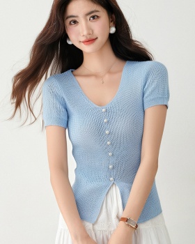 Ice silk summer split tops V-neck knitted T-shirt for women