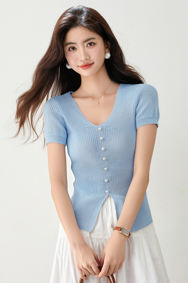 Ice silk summer split tops V-neck knitted T-shirt for women