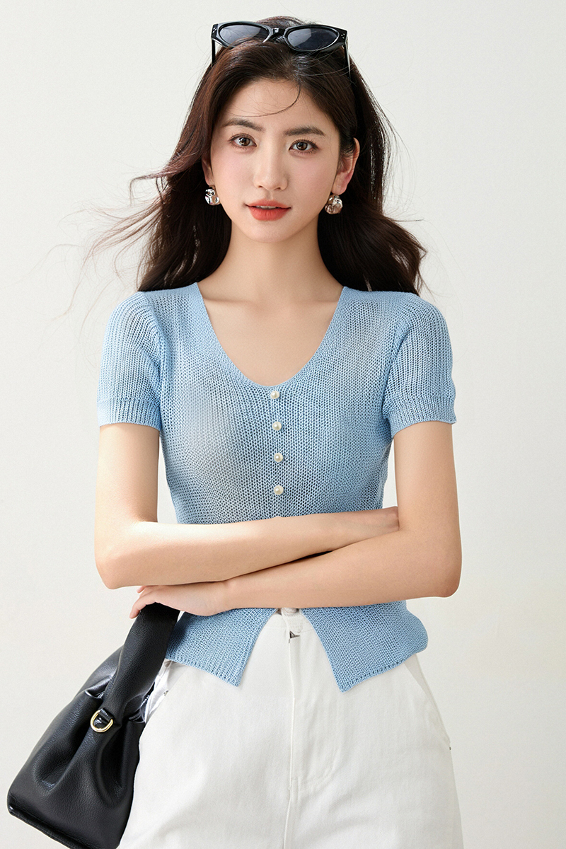 Ice silk summer split tops V-neck knitted T-shirt for women