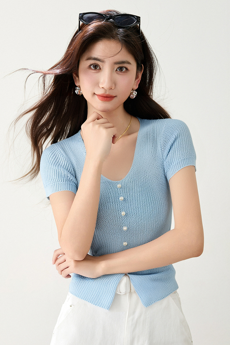 Ice silk summer split tops V-neck knitted T-shirt for women