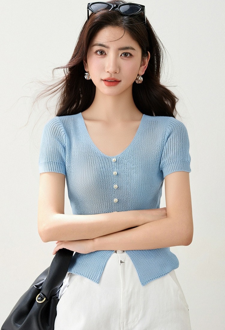 Ice silk summer split tops V-neck knitted T-shirt for women