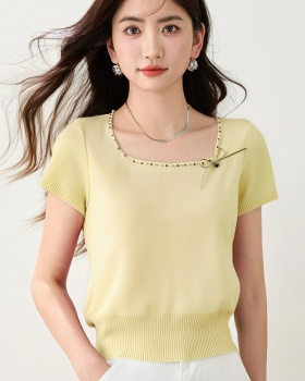 Summer Korean style square collar T-shirt bow slim tops