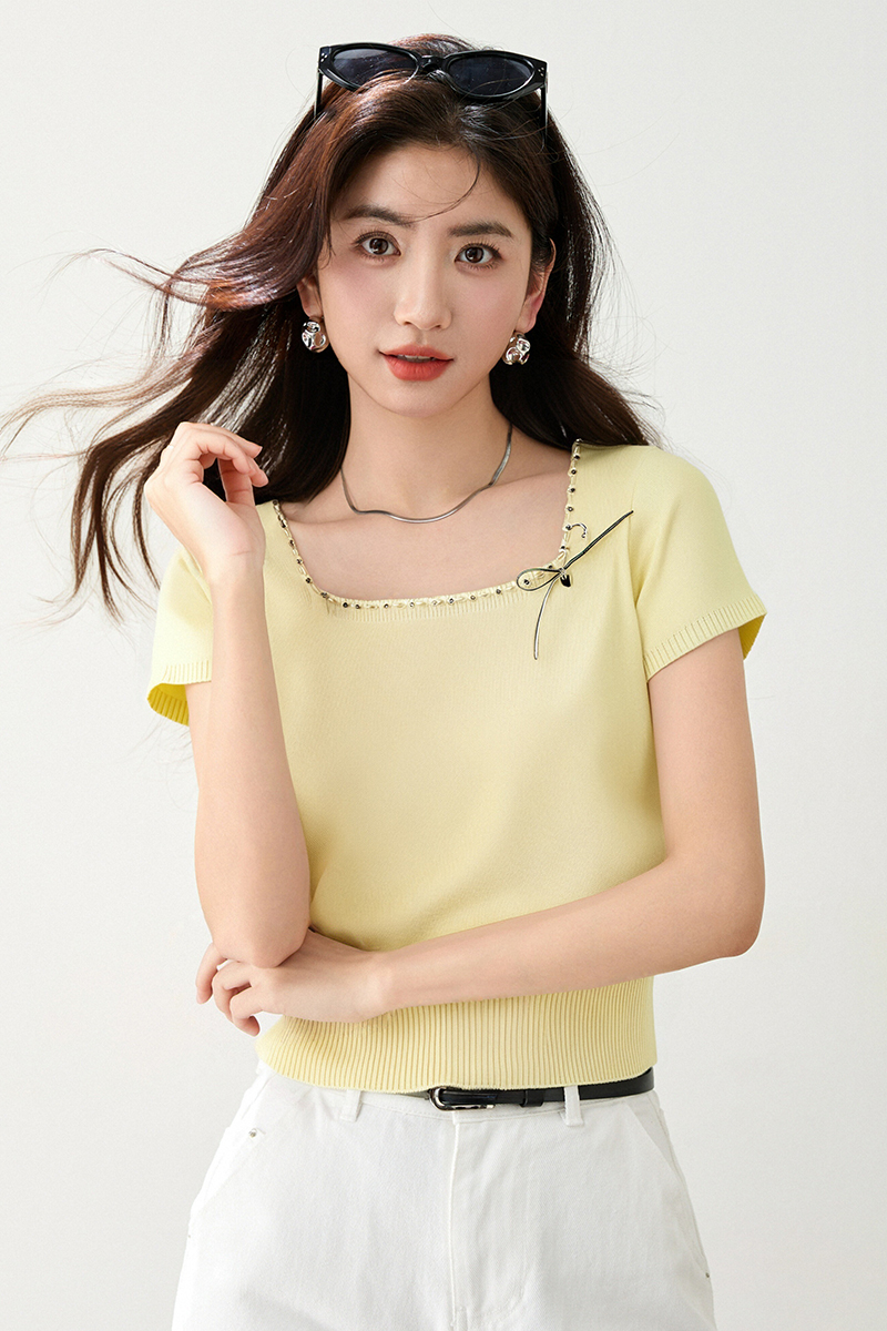 Summer Korean style square collar T-shirt bow slim tops